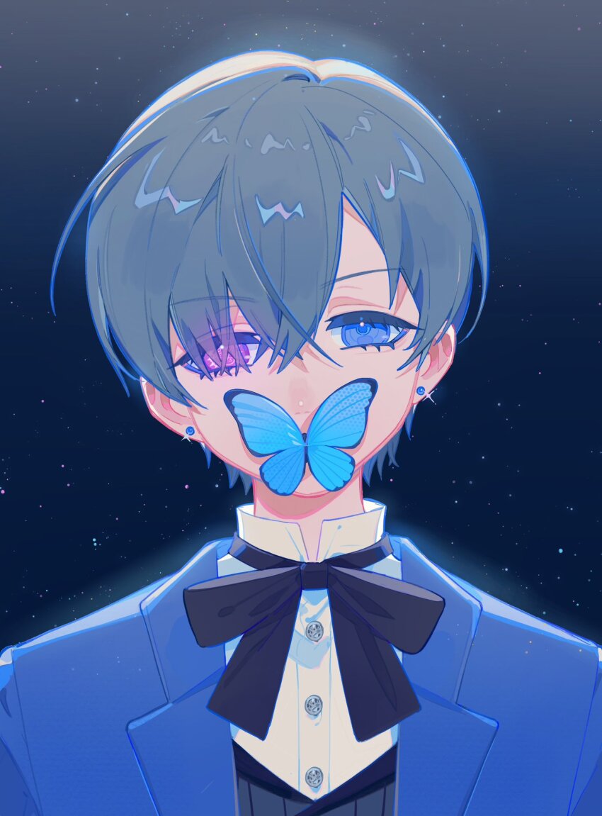 1boy, black_background, black_bow, black_bowtie, black_hair, blue_butterfly, blue_eyes, blue_jacket