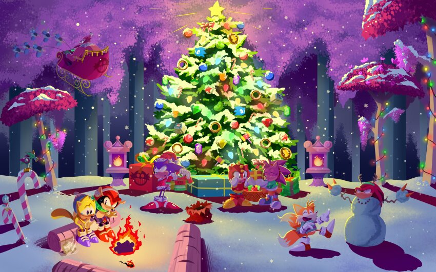 absurdres, amy_rose, box, campfire, candy, candy_cane, christmas, christmas_lights