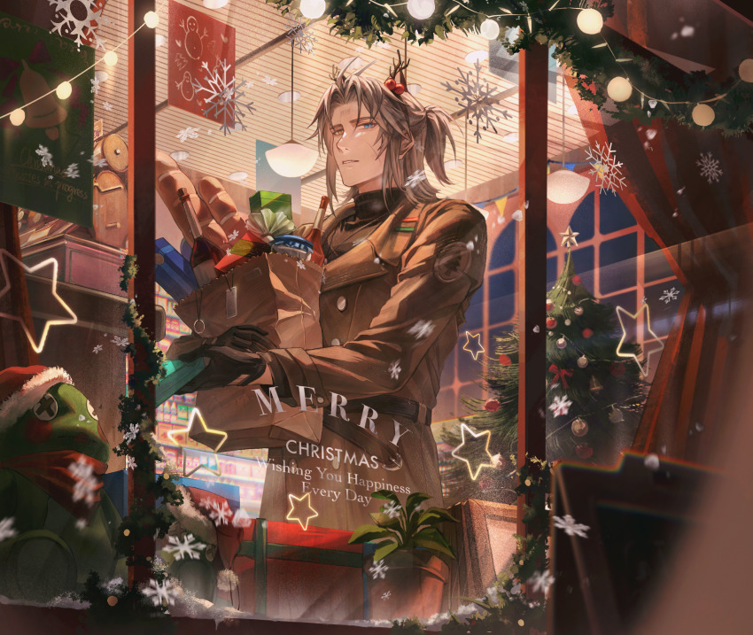 1boy, adapted_costume, alcohol, bag, baguette, barcode, barcode_tattoo, belt