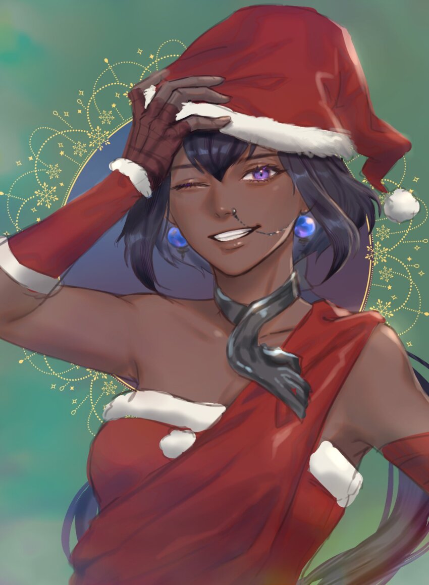 1girl, ;d, alternate_costume, black_hair, breasts, brown_gloves, brown_hair, collarbone