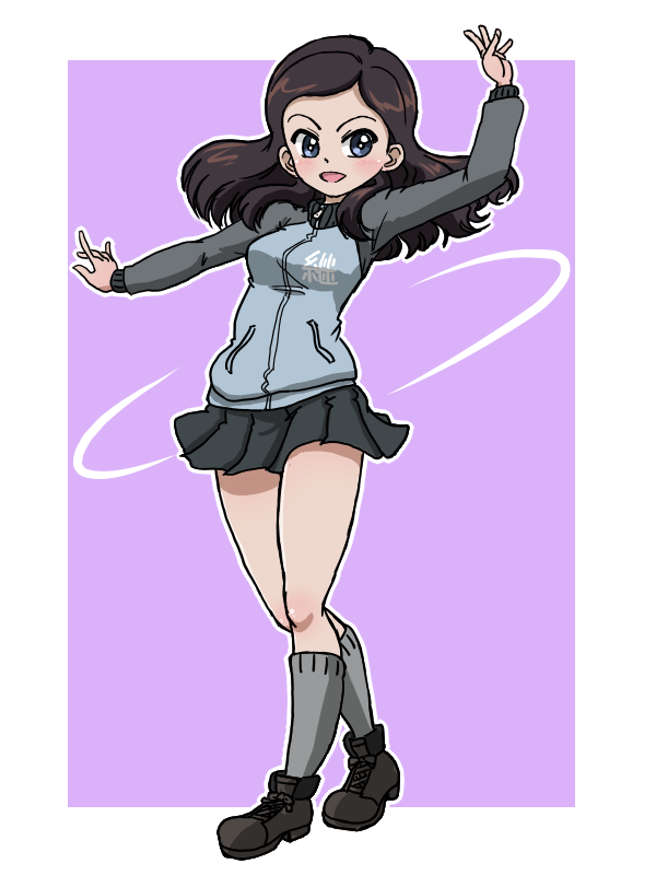 ankle_boots, black_boots, black_hair, blue_eyes, blue_jacket, blue_skirt, boots, commentary_request