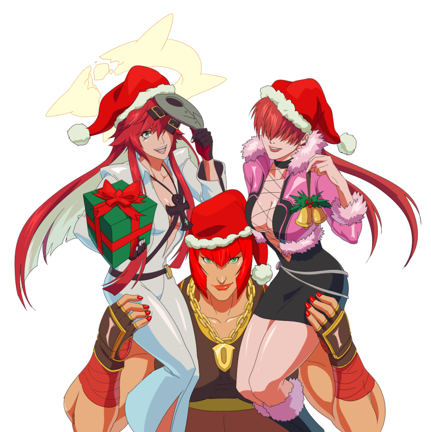 3girls, ankh_necklace, ashensol, bell, box, breasts, christmas, cleavage, color_connection, colored_inner_hair, crossover, female_focus, gift, gift_box, green_eyes, guilty_gear, guilty_gear_strive, hair_over_eyes, hat, highres, jack-o'_valentine, jewelry, marisa_(street_fighter), mask, multicolored_hair, multiple_crossover, multiple_girls, necklace, red_hair, santa_hat, shermie_(kof), short_hair, sitting_on_shoulder, street_fighter, street_fighter_6, the_king_of_fighters, the_king_of_fighters_xv, trait_connection, unworn_mask