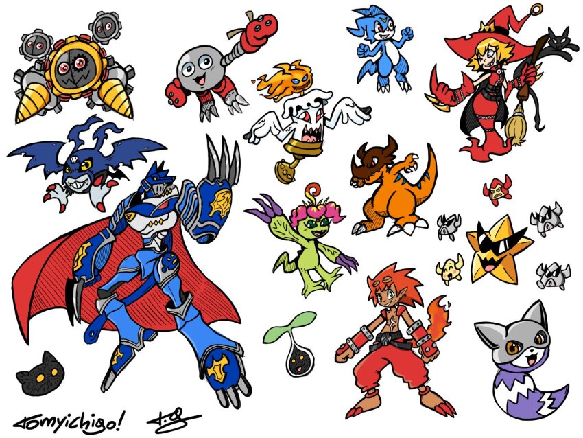 1girl, black_cat, botamon, candmon, caprimon, cat, digimon, digimon_(creature)