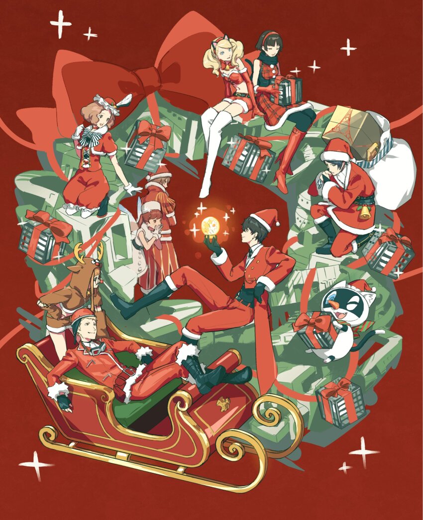5boys, 5girls, akechi_gorou, amamiya_ren, animal_costume, animal_ears, antlers, atlus, black_hair, blonde_hair, blue_hair, breasts, brown_hair, cat_ears, christmas, christmas_present, crop_top, dress, fake_animal_ears, fingerless_gloves, gift, gloves, hat, highres, horns, kitagawa_yuusuke, kneehighs, legs, morgana_(persona_5), multiple_boys, multiple_girls, navel, niijima_haruo, okumura_haru, open_mouth, persona, persona_5, persona_5_the_royal, red_eyes, reindeer_antlers, reindeer_costume, sack, sakamoto_ryuuji, sakura_futaba, santa_costume, santa_dress, santa_hat, sleigh, smile, snowman_costume, socks, ssssantn, takamaki_anne, thighhighs, yoshizawa_kasumi, zettai_ryouiki