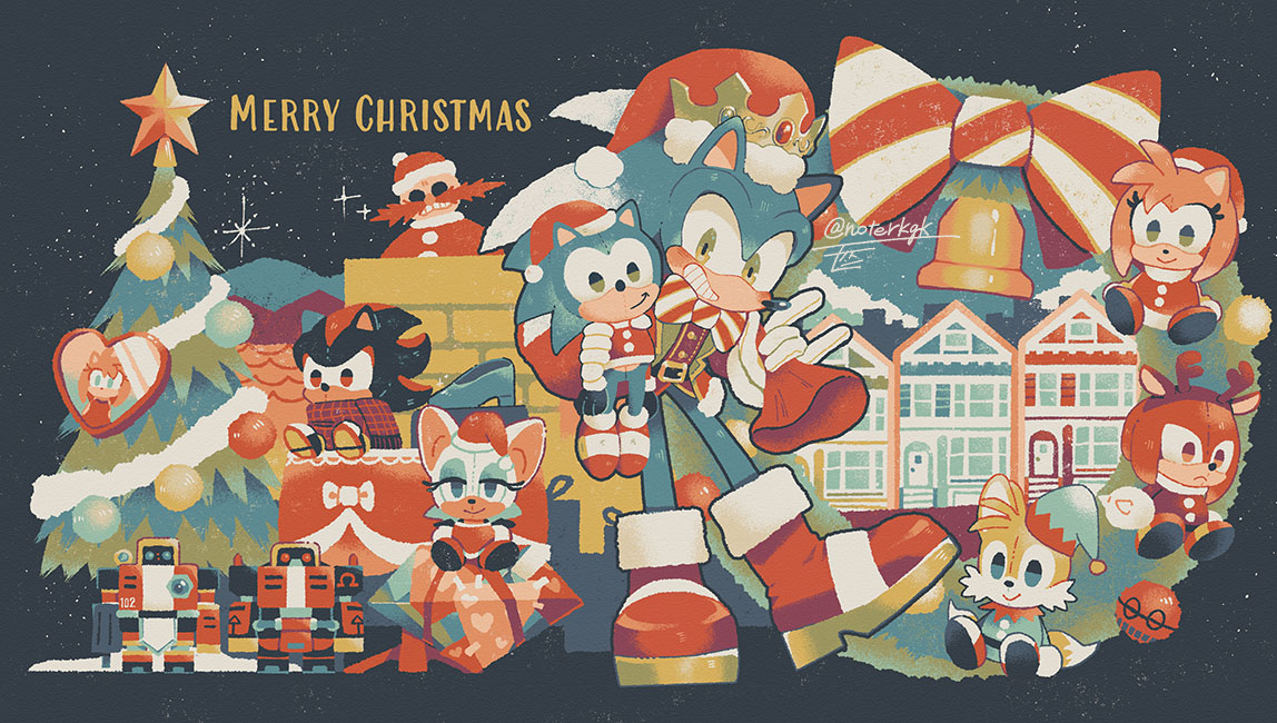 1boy, amy_rose, animal_ears, animal_nose, bell, blush, boots, bow, bowtie, christmas, christmas_tree, closed_mouth, commentary, crown, dr._eggman, e-102_gamma, e-123_omega, english_commentary, english_text, full_body, furry, furry_female, furry_male, gem, gloves, grin, hat, holding, holding_sack, knuckles_the_echidna, knuckles_the_echidna_(reindeer), looking_at_viewer, merry_christmas, noto_(noterkgk), orbot, red_footwear, red_headwear, robot, rouge_the_bat, sack, santa_hat, shadow_the_hedgehog, signature, smile, sonic_(series), sonic_the_hedgehog, standing, striped_bow, striped_bowtie, striped_clothes, stuffed_toy, tails_(elf)_(sonic), tails_(sonic), twitter_username, white_gloves