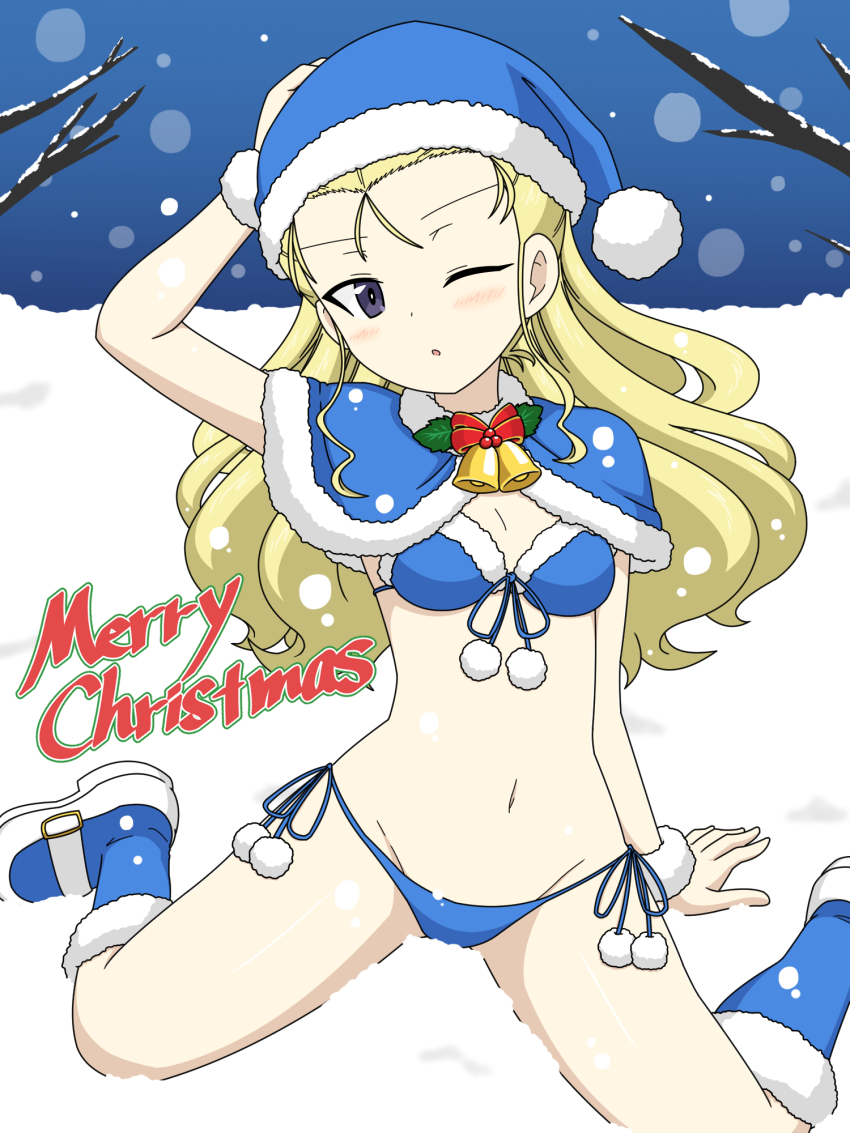 1girl, :o, akesaka_satomi, assam_(girls_und_panzer), bare_tree, bell, bikini, blonde_hair, blue_bikini, blue_boots, blue_capelet, blue_eyes, blue_hat, blurry, bokeh, boots, breasts, capelet, christmas, commentary, day, depth_of_field, english_text, front-tie_bikini_top, front-tie_top, fur-trimmed_capelet, fur_cuffs, fur_trim, girls_und_panzer, girls_und_panzer_senshadou_daisakusen!, groin, hair_pulled_back, hand_on_another's_head, hat, highres, holly, ichinose_jun, long_hair, looking_at_viewer, merry_christmas, neck_bell, night, official_alternate_costume, one_eye_closed, outdoors, panzercrab, parted_lips, santa_bikini, santa_boots, santa_costume, santa_hat, side-tie_bikini_bottom, sitting, sky, small_breasts, snowing, solo, swimsuit, tree, voice_actor_connection, wariza