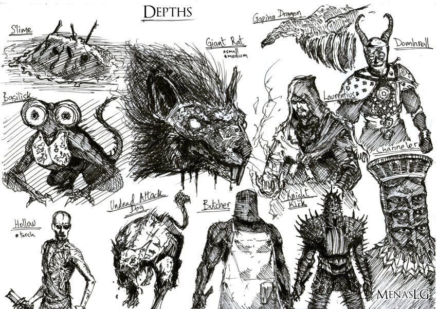 apron, armor, artist_name, basilisk, broken, broken_sword, broken_weapon, commentary, creature, dark_souls_(series), dark_souls_i, dog, dragon, english_commentary, english_text, extra_eyes, full_armor, greyscale, highres, holding, holding_sword, holding_weapon, hood, hood_up, horns, knight_of_thorns_kirk, laurentius_of_the_great_swamp, menaslg, monochrome, mouse_(animal), multiple_boys, sketch, slime_(creature), sword, weapon