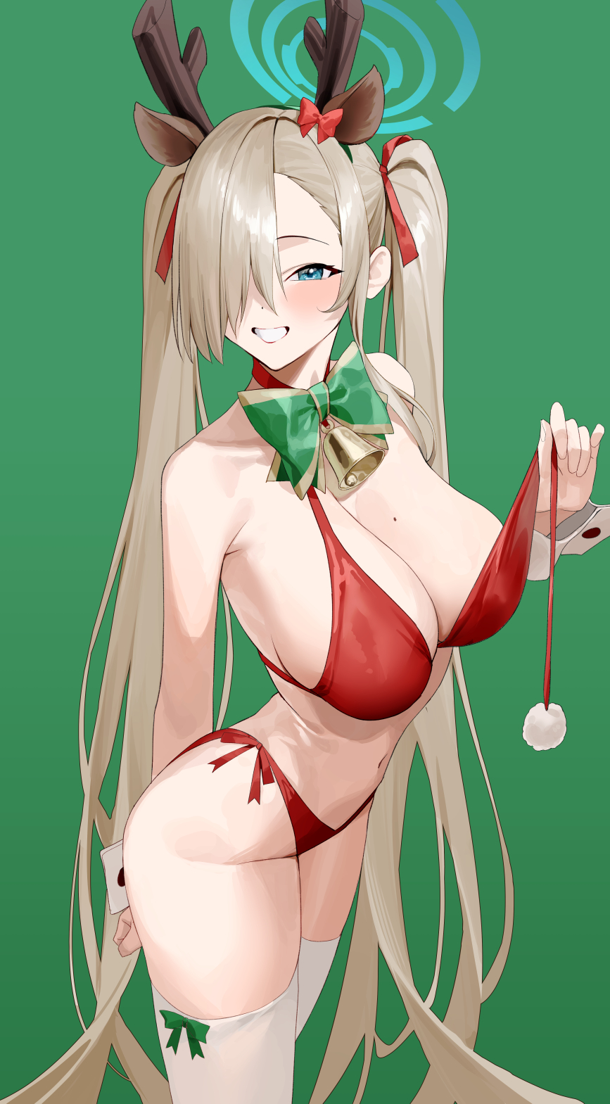 1girl, alternate_costume, animal_ears, antlers, arm_behind_back, asuna_(blue_archive), bare_shoulders, bell