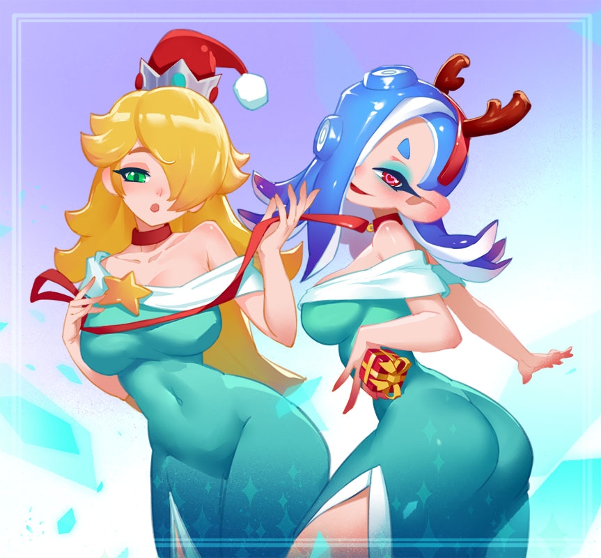 2girls, antlers, ass, blonde_hair, blue_background, blue_hair, box, breasts