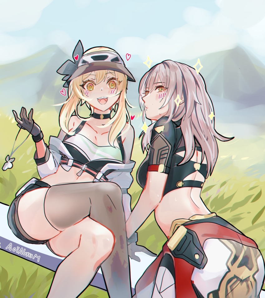 2girls, :d, aoiabyss, ass, bare_shoulders, black_shirt, blonde_hair, blue_sky, cloud, commentary, crop_top, crossed_legs, day, feet_out_of_frame, genshin_impact, gloves, grey_gloves, grey_hair, grey_thighhighs, hand_up, hat, highres, honkai:_star_rail, honkai_(series), long_hair, looking_at_viewer, lumine_(genshin_impact), lumine_(teyvat_turboflux)_(genshin_impact), midriff, mountain, multiple_girls, open_mouth, outdoors, shirt, single_thighhigh, sitting, sky, smile, stelle_(galactic_grand_prix)_(honkai:_star_rail), stelle_(honkai:_star_rail), thighhighs, thighs, trailblazer_(honkai:_star_rail), yellow_eyes