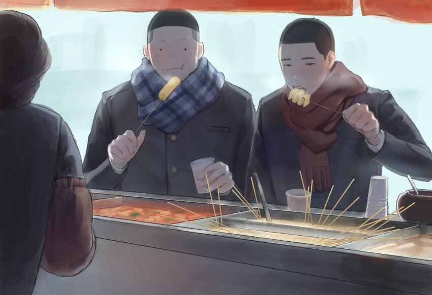 0nipy0n, 2boys, black_eyes, black_hair, black_jacket, blue_scarf, buzz_cut, chewing