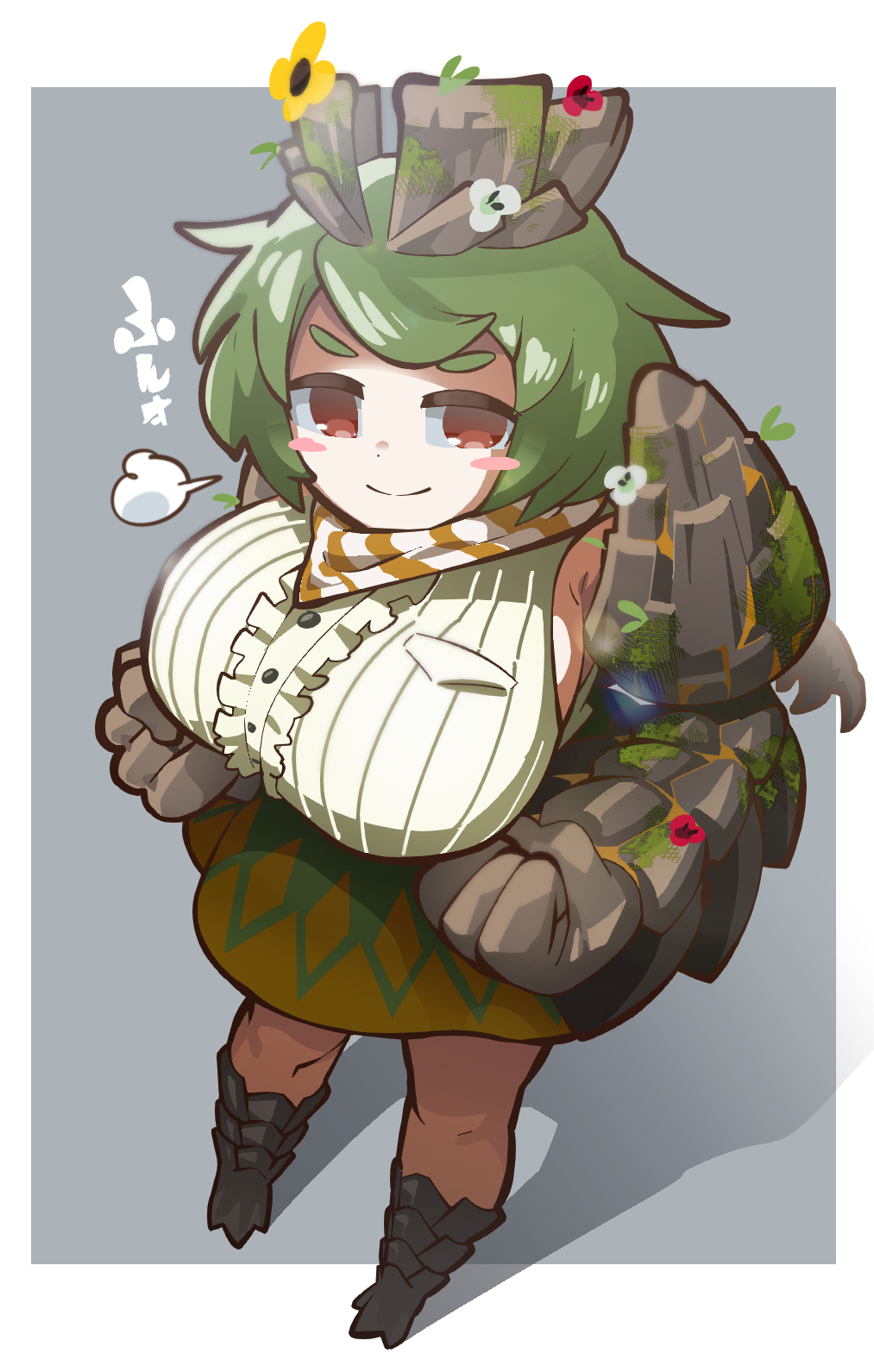 1girl, blush_stickers, border, breasts, brown_eyes, clawed_feet, clenched_hands, closed_mouth, flower, garangolm, green_hair, grey_background, highres, horns, jari_(1986), large_breasts, looking_at_viewer, monster_hunter_(series), monster_hunter_rise, moss, no_pupils, personification, pleated_shirt, puff_of_air, rock, rock_arms, scarf, short_hair, skirt, smile, solo, standing, two-tone_scarf, white_border, white_scarf, yellow_scarf
