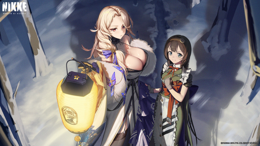 2girls, absurdres, artist_request, blonde_hair, bow, bowtie, braid, breasts