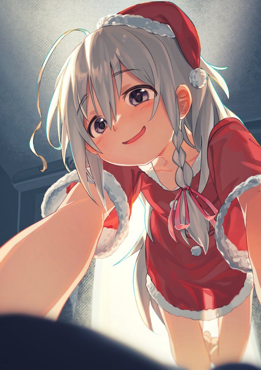 1girl, absurdres, ahoge, backlighting, barefoot, blush, commentary_request, dress