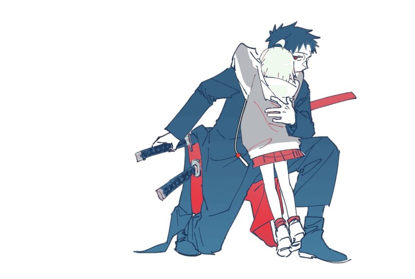 1boy, 1girl, child, holding, holding_sword, holding_weapon, hood, hoodie, hug, kagurabachi, katana, kneeling, kyounagi_char, limited_palette, liu_wein, long_sleeves, looking_at_another, red_eyes, rokuhira_chihiro, sheath, sheathed, simple_background, skirt, sleeves_past_wrists, sword, tiptoes, weapon, white_background