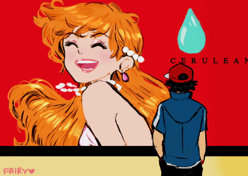 1girl, ash_ketchum, bikini, blush, earrings, fairybees, gen_1_pokemon, green_eyes, hair_ornament, jewelry, lips, long_hair, looking_at_object, looking_at_viewer, makeup, meme, mermaid_costume, mermaid_misty_(pokemon), misty_(pokemon), necklace, nintendo, orange_hair, pokemon, pokemon_(anime), pokemon_(classic_anime), pokemon_the_series:_xy, poster_(object), seashell, shell, shell_bikini, swimsuit, veil_scene_14_redraw_(meme)