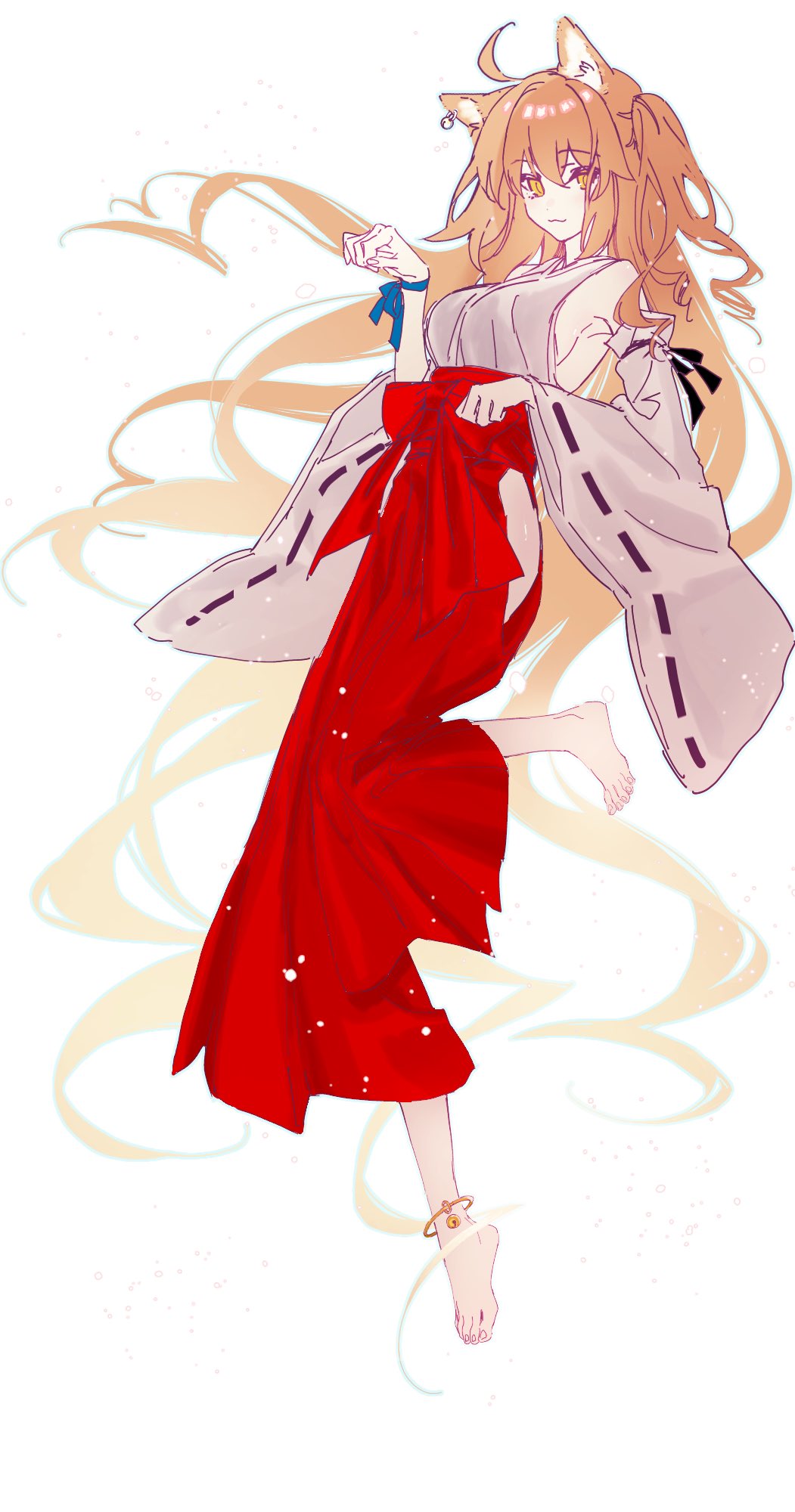 ahoge, alternate_hair_length, alternate_hairstyle, animal_ears, barefoot, bell, blue_ribbon, breasts