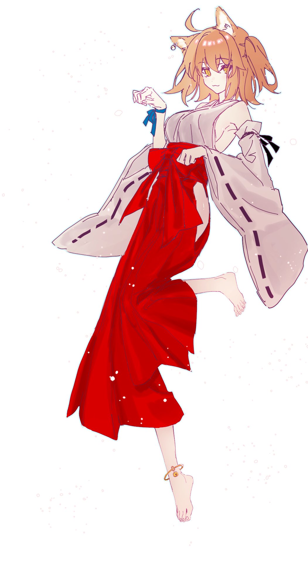 ahoge, animal_ears, barefoot, bell, blue_ribbon, breasts, detached_sleeves, earrings