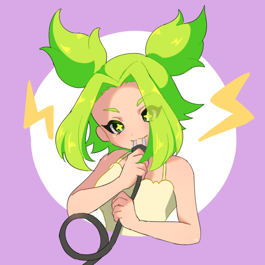 +_+, :3, cable, camisole, deformed, electric_plug, electricity, green_eyes
