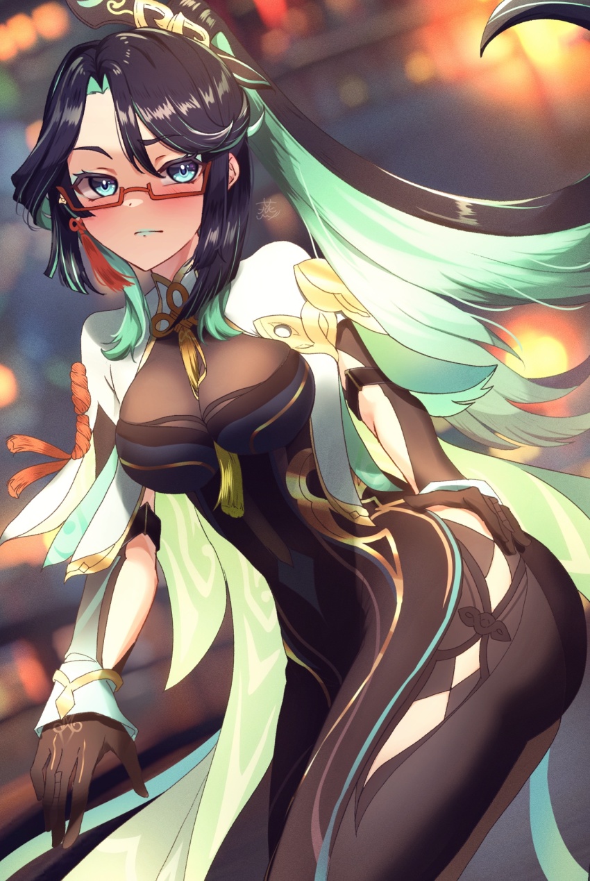 1girl, aqua_eyes, aqua_hair, aqua_lips, black_dress, black_gloves, black_hair, black_pants