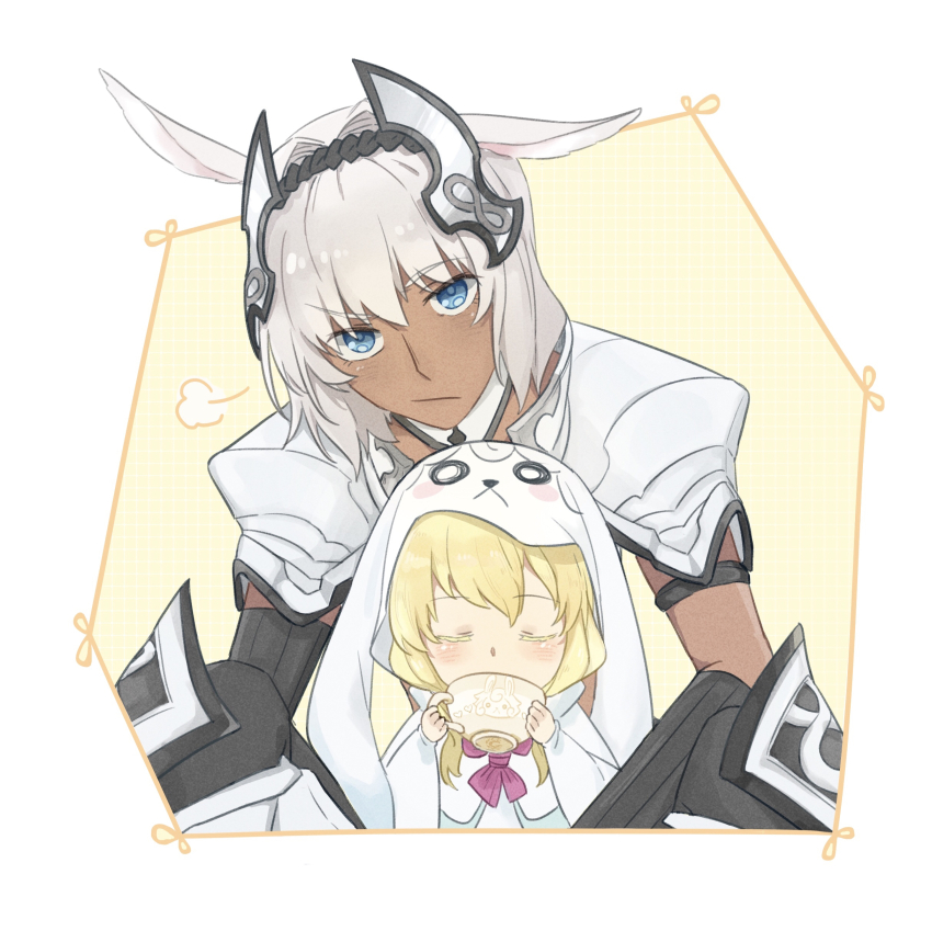 1boy, 1girl, :/, absurdres, aged_down, animal_ears, armlet, armor