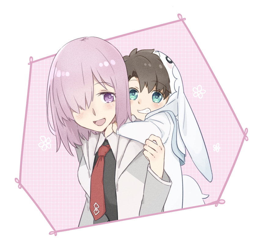 1boy, 1girl, aged_down, aqua_eyes, black_hair, black_shirt, carrying, chaldea_logo, cosplay, fate/grand_order, fate_(series), fou_(fate), fou_(fate)_(cosplay), fujimaru_ritsuka_(male), grey_jacket, grin, hair_over_one_eye, highres, jacket, kigurumi, konsan_(shinonome_root3), light_blush, long_sleeves, looking_at_another, looking_at_viewer, looking_to_the_side, mash_kyrielight, necktie, open_mouth, piggyback, purple_eyes, purple_hair, red_necktie, shirt, short_hair, smile, teeth, upper_body