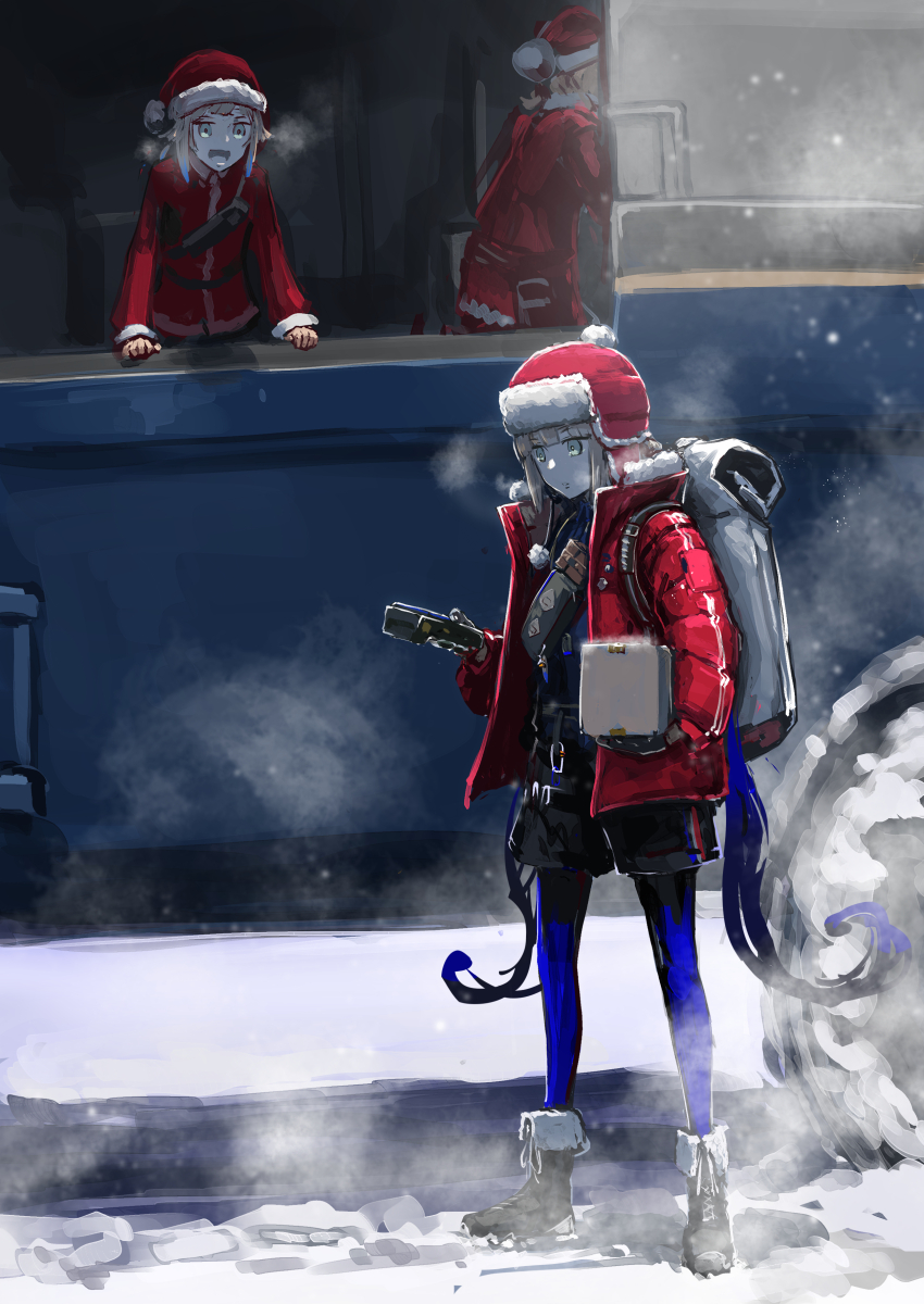 152_in_can, 3boys, absurdres, backpack, bag, black_shirt, black_shorts, blue_pantyhose