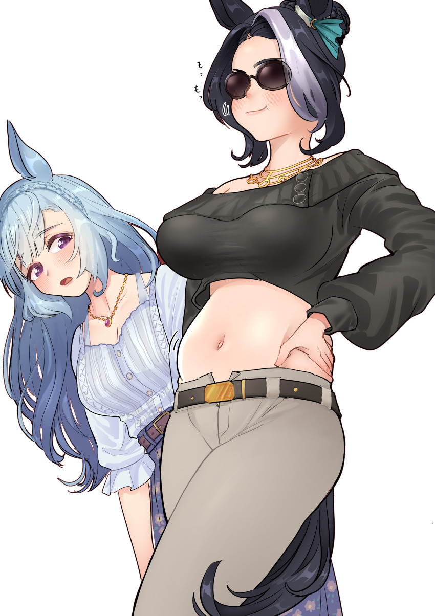 2girls, absurdres, animal_ears, belly, belt, blue_hair, blush, braid