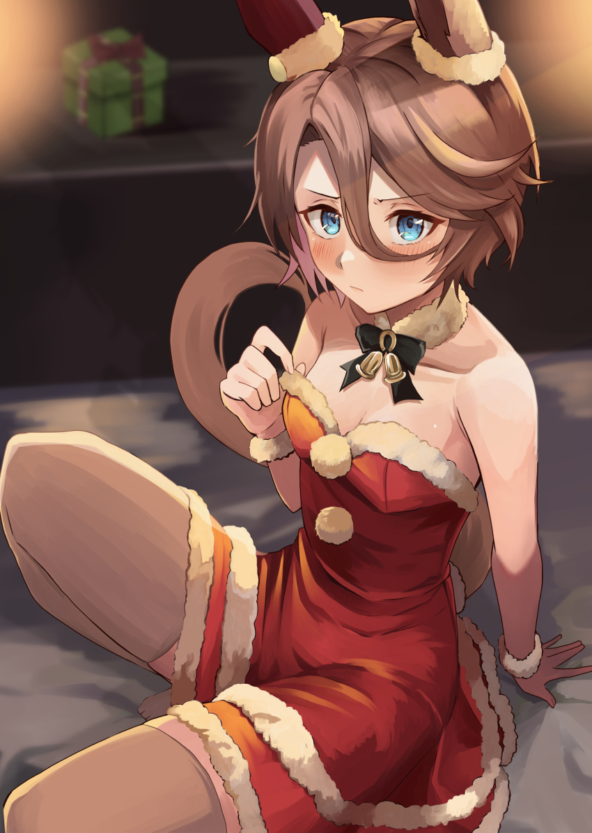 1girl, absurdres, adjusting_dress, animal_ears, arm_support, bed, bell, black_bow