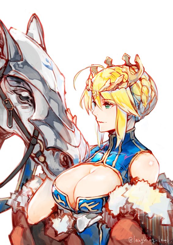 1girl, ahoge, arm_at_side, armored_animal, artoria_pendragon_(fate), artoria_pendragon_(lancer)_(fate), artoria_pendragon_(lancer)_(third_ascension)_(fate), bare_shoulders, blonde_hair, blue_leotard, braid, braided_bun, breasts, cape, cleavage, cleavage_cutout, closed_mouth, clothing_cutout, commentary, crown, dun_stallion_(fate), fate/grand_order, fate_(series), fur-trimmed_cape, fur_trim, gold_trim, green_eyes, hair_between_eyes, hair_bun, hand_up, heattech_leotard, horse, itou_misei, large_breasts, leotard, looking_at_animal, petting, red_cape, simple_background, sleeveless, sleeveless_turtleneck_leotard, smile, solo, turtleneck, twitter_username, upper_body, white_background