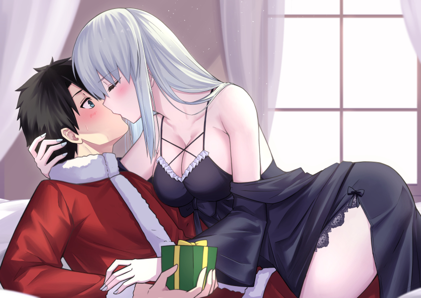 1boy, 1girl, absurdres, bare_shoulders, black_dress, black_hair, blue_eyes, blue_nails, blush, box, breasts, christmas, cleavage, closed_eyes, collarbone, commentary_request, couple, curtains, dress, fate/grand_order, fate_(series), fujimaru_ritsuka_(male), gift, gift_box, grey_hair, hetero, highres, kiss, large_breasts, long_hair, morgan_le_fay_(fate), nail_polish, natu_zame, santa_costume, sleeveless, sleeveless_dress, window