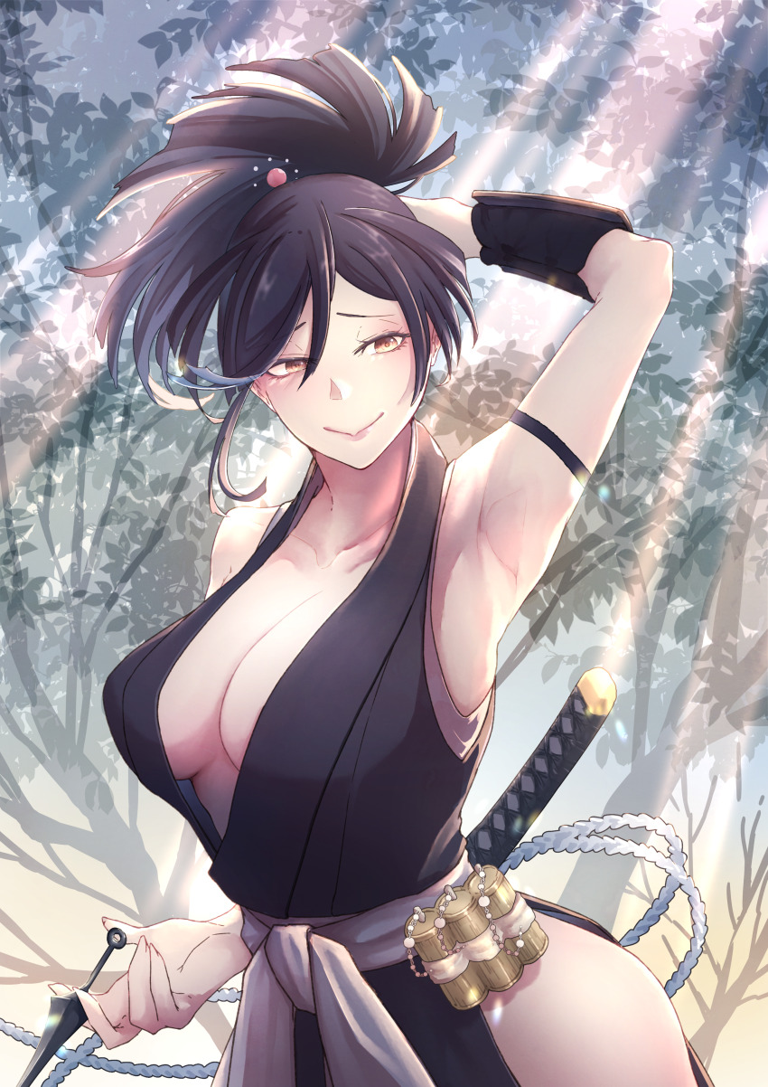 1girl, absurdres, armband, armpits, bare_shoulders, black_hair, breasts, brown_eyes, cleavage, closed_mouth, collarbone, commentary_request, cowboy_shot, facing_viewer, hand_in_own_hair, high_ponytail, highres, holding, japanese_clothes, jigokuraku, katana, kunai, large_breasts, light_rays, long_hair, looking_to_the_side, ninja, oekakissaerizoh, ponytail, sash, sheath, short_hair, side_slit, smile, solo, sword, tree, weapon, yuzuriha_(jigokuraku)