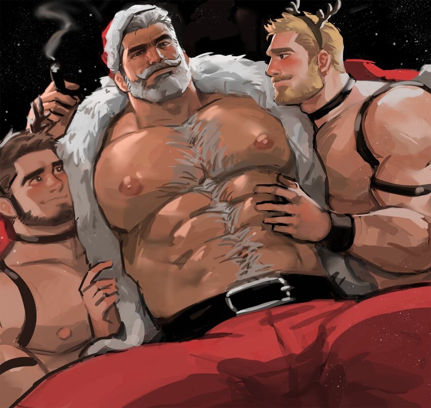 abs, antlers, arm_hair, bara, bare_pectorals, beard, blonde_hair, blush, boy_sandwich, chest_hair, christmas, cigar, dopey_(dopq), facial_hair, feeling_muscles, from_below, full_beard, hairy, hand_on_another's_stomach, highres, horns, large_pectorals, male_focus, mature_male, muscular, muscular_male, navel, navel_hair, nipples, original, pectorals, reindeer_antlers, sandwiched, santa_claus, santa_costume, short_hair, smoke, solo_focus, spread_legs, strongman_waist, thick_beard, thick_chest_hair, thick_eyebrows, thick_thighs, thighs, wavy_mouth, yaoi