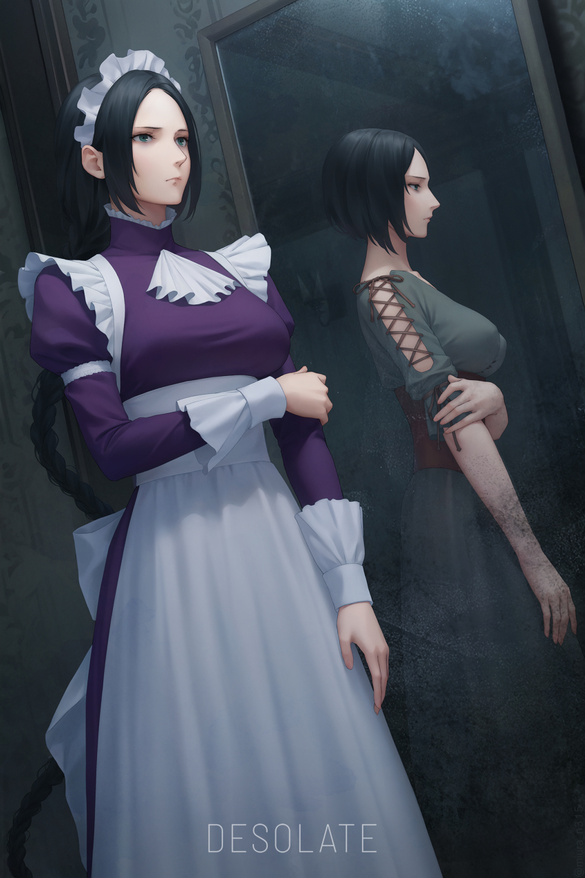 1girl, 2girls, ascot, braid, braided_ponytail, breasts, different_reflection, dress