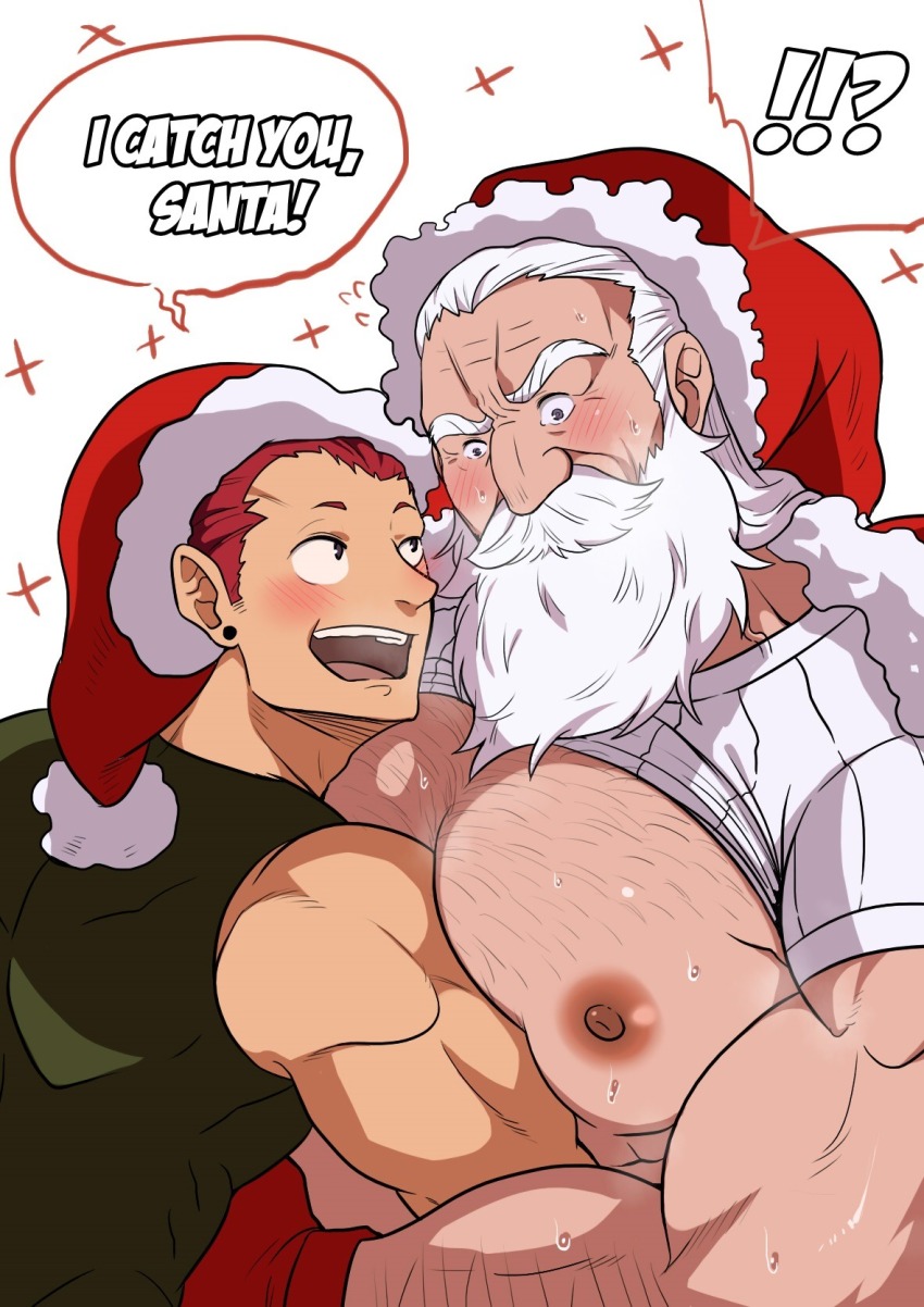 !?, 2boys, age_difference, arm_hair, bara, bare_pectorals, beard, blush, chest_hair, christmas, clothes_lift, ducka98, english_text, facial_hair, from_side, hat, head_tilt, highres, hug, large_pectorals, long_beard, male_focus, mature_male, multiple_boys, muscular, muscular_male, mustache, old, old_man, original, pectoral_lift, pectorals, red_hair, red_headwear, sanpaku, santa_costume, santa_hat, shirt_lift, short_hair, sparse_chest_hair, star_(symbol), star_symbol_background, surprise_hug, surprised, sweat, thick_eyebrows, thick_mustache, upper_body, white_hair, wrinkled_skin, yaoi
