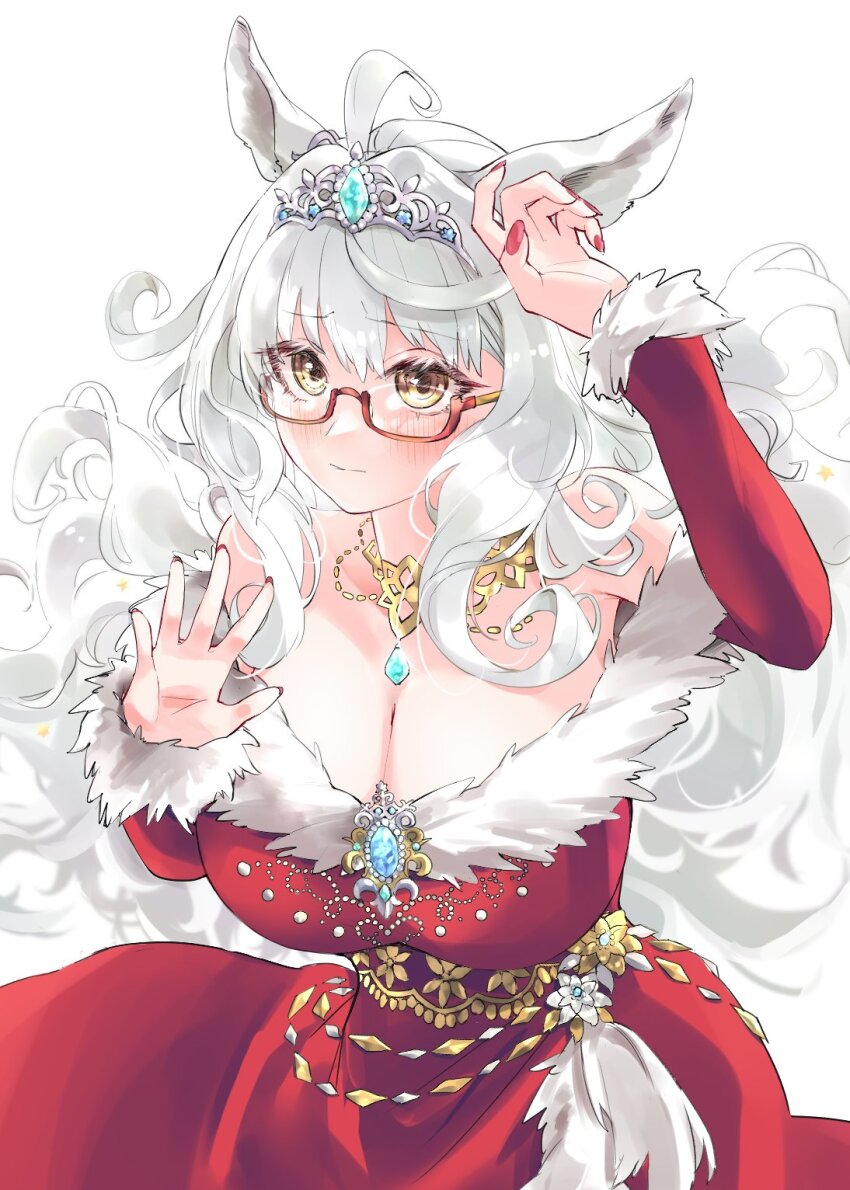 1girl, ahoge, animal_ears, biwa_hayahide_(rouge_caroler)_(umamusume), biwa_hayahide_(umamusume), blush, breasts, christmas