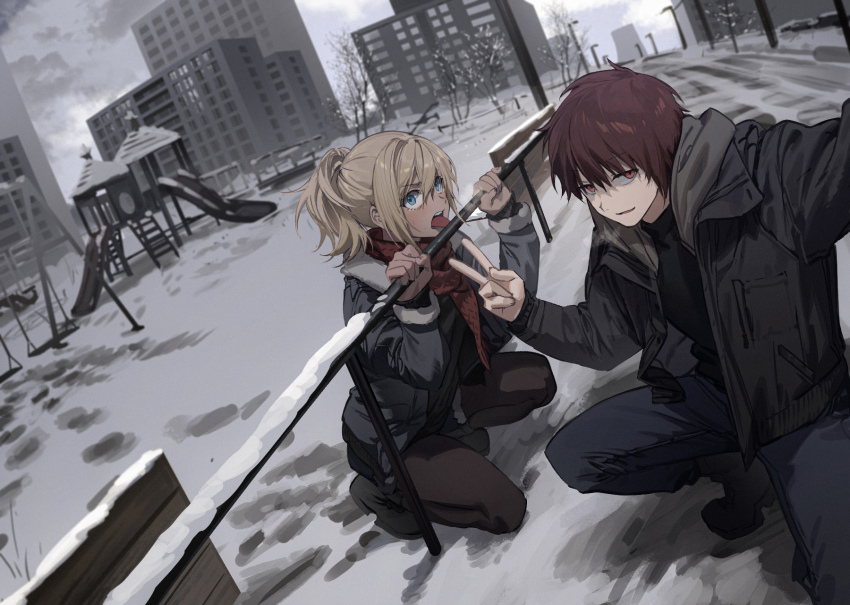 1boy, 1girl, arm_up, black_footwear, black_jacket, black_pantyhose, black_skirt, blonde_hair