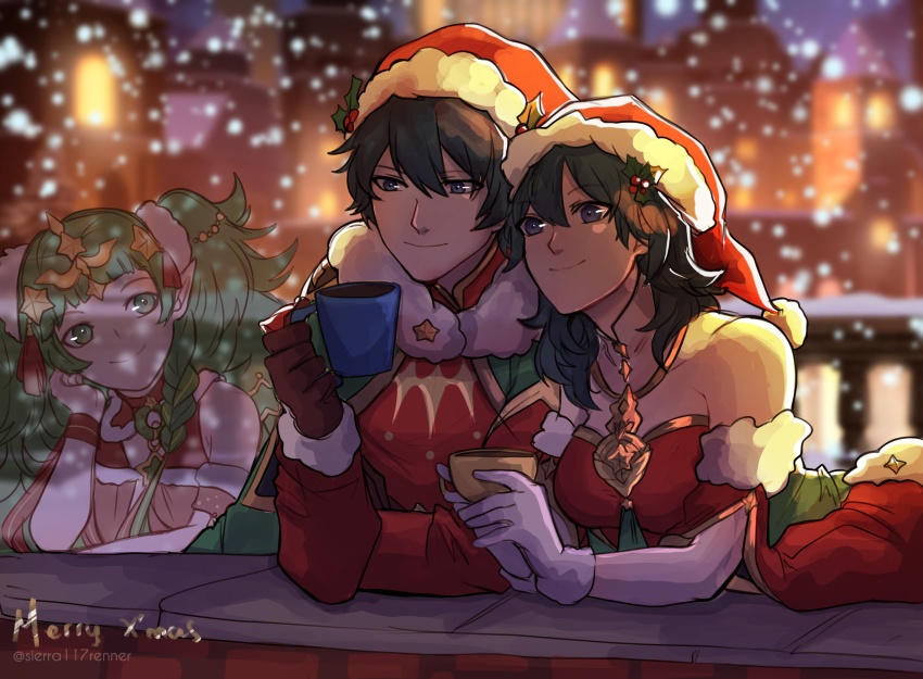 1boy, 2girls, absurdres, bare_shoulders, blue_eyes, blue_hair, brown_gloves, female_byleth_(fire_emblem), female_byleth_(frosty_professor)_(fire_emblem), male_byleth_(fire_emblem), male_byleth_(frosty_professor)_(fire_emblem), closed_mouth, commentary, cup, detached_collar, detached_sleeves, english_commentary, fire_emblem, fire_emblem:_three_houses, fire_emblem_heroes, fur-trimmed_headwear, fur-trimmed_sleeves, fur_trim, gloves, green_eyes, green_hair, hair_between_eyes, hat, highres, holding, holding_cup, long_hair, looking_at_another, merry_christmas, mug, multiple_girls, nintendo, official_alternate_costume, outdoors, red_headwear, santa_costume, santa_hat, short_hair, sierra117renner, smile, snow, snowing, sothis_(fire_emblem), sothis_(winter)_(fire_emblem), twintails, twitter_username, very_long_hair, white_gloves