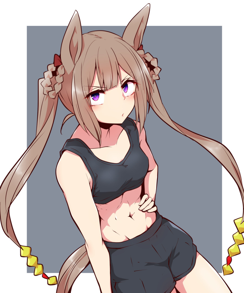 1girl, abs, alternate_costume, animal_ears, bare_shoulders, black_shorts, black_sports_bra, border