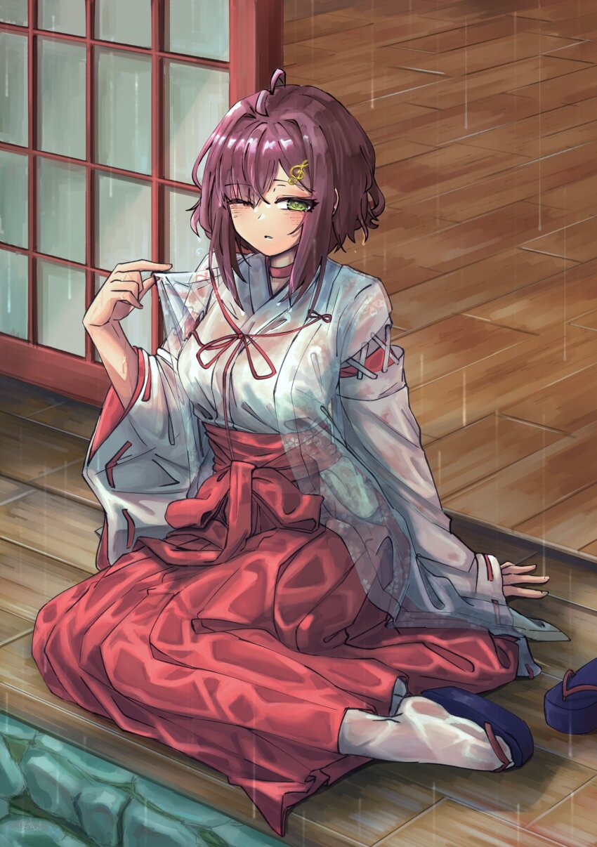 ahoge, breasts, choker, clothes_grab, fortissimo, green_eyes, hair_ornament, hakama