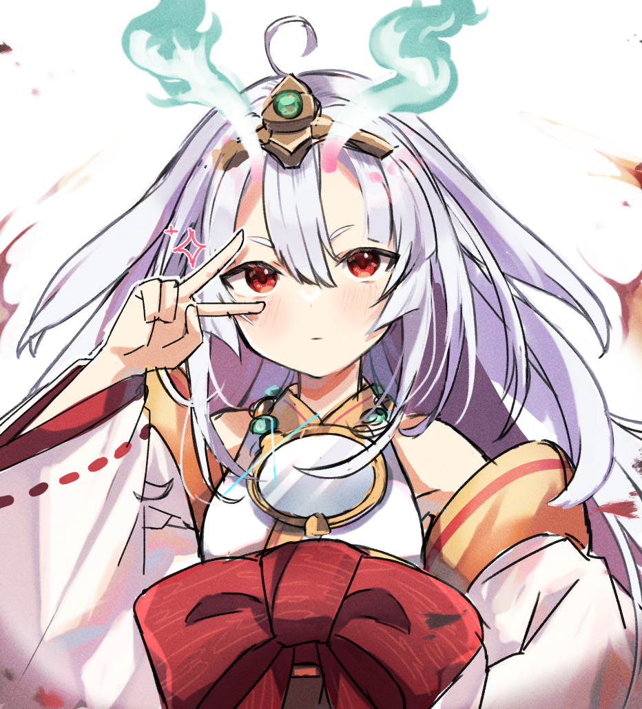 1girl, aqua_fire, bow, detached_sleeves, duel_monster, fiery_horns, fire, flaming_horns