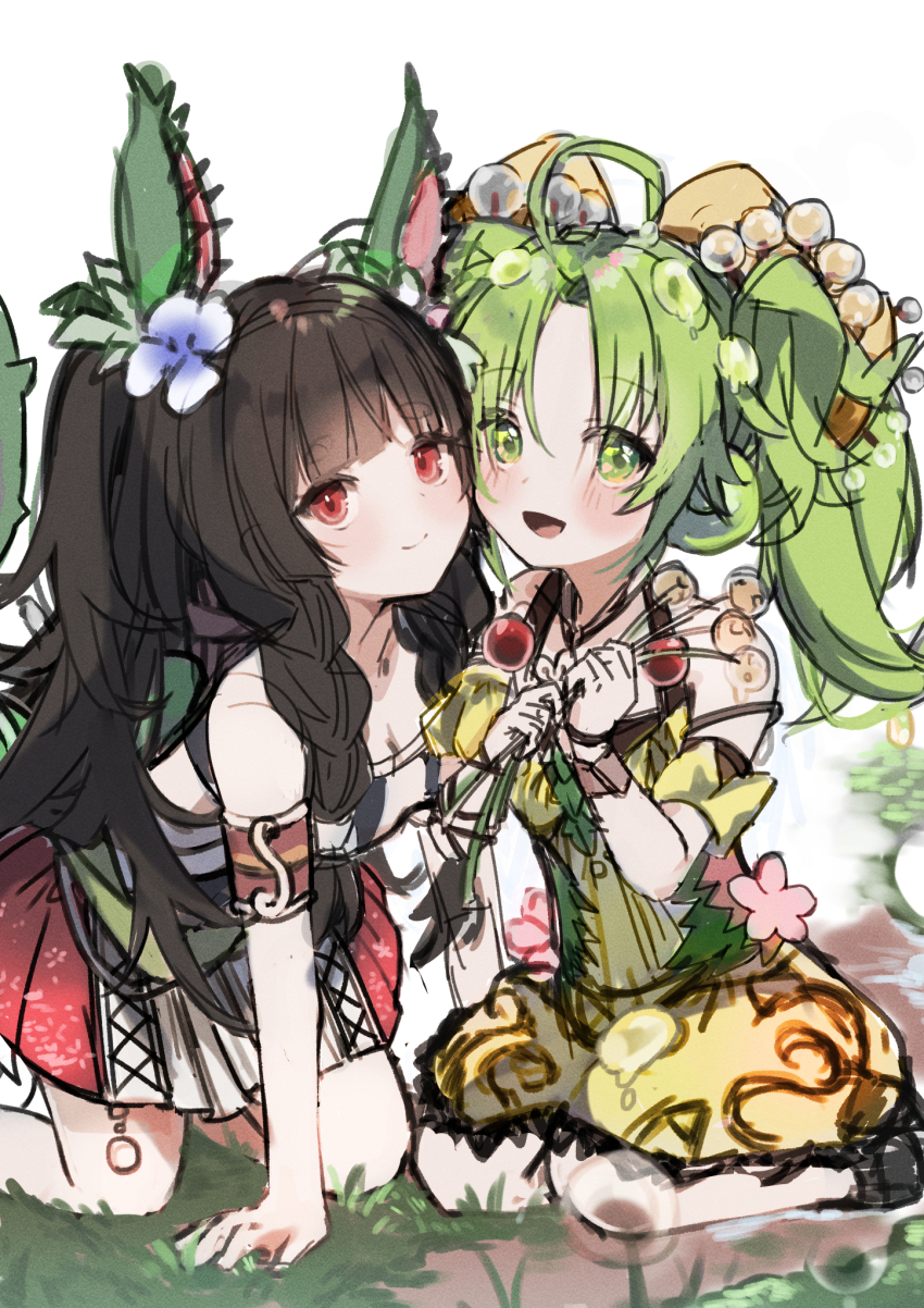 2girls, ahoge, armband, bare_shoulders, black_hair, braid, breasts, closed_mouth, dress, duel_monster, flower, grass, green_eyes, green_hair, hair_flower, hair_ornament, highres, kneeling, long_hair, looking_at_viewer, multiple_girls, on_ground, open_mouth, parted_bangs, plant, red_eyes, small_breasts, traptrix_dionaea, traptrix_sera, twintails, water, white_background, yellow_dress, yu-gi-oh!, yun_(yunjirou)