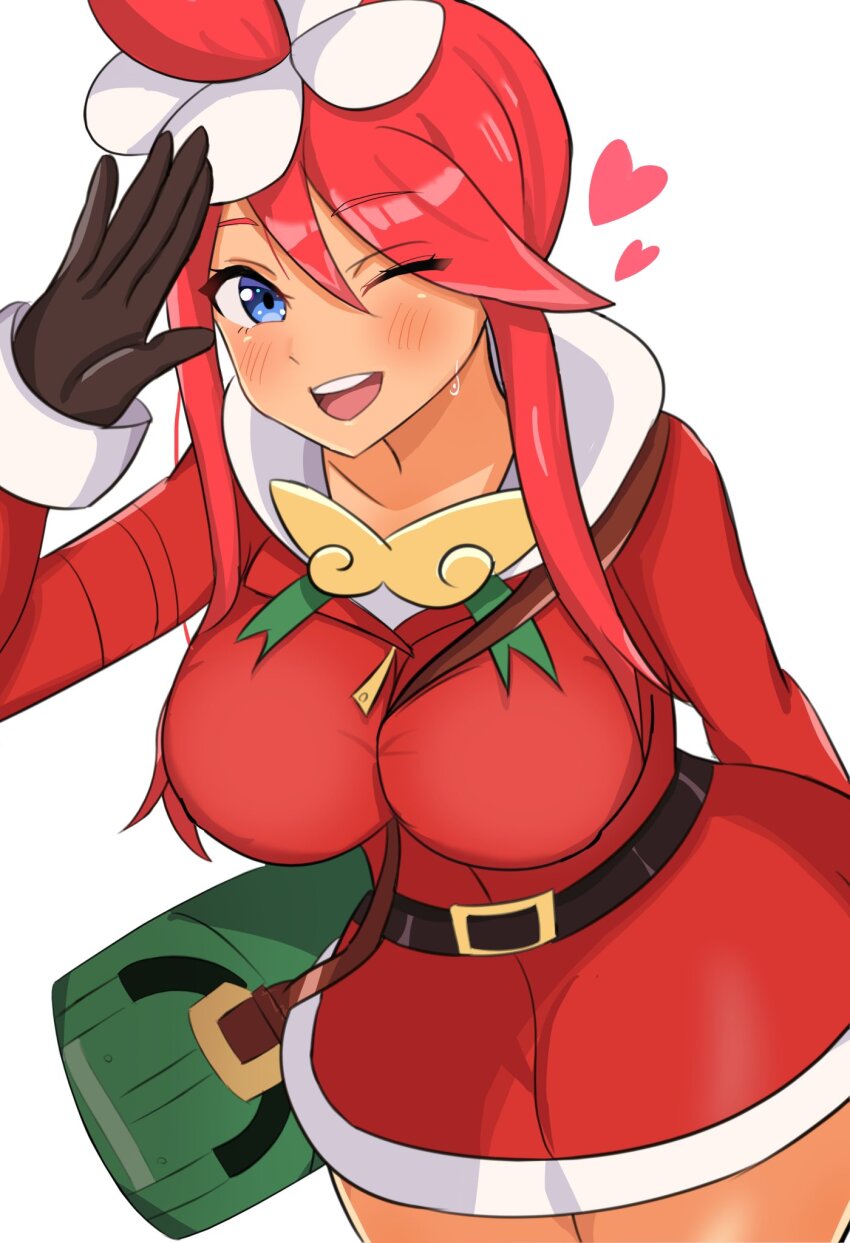 1girl, amrbatafri, bag, blue_eyes, breasts, dark-skinned_female, dark_skin, dress, heart, highres, large_breasts, long_hair, long_sleeves, looking_at_viewer, nintendo, one_eye_closed, pokemon, pokemon_masters_ex, red_hair, short_dress, skyla_(holiday_2020)_(pokemon), skyla_(pokemon), sweat, white_background, wide_hips, wink