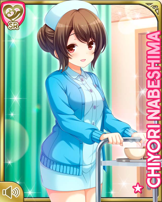 1girl, :d, bed, blue_cardigan, blue_dress, blue_hat, brown_hair, card