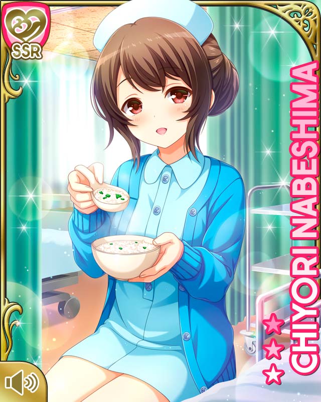 1girl, :d, bed, blue_cardigan, blue_dress, blue_hat, bowl, brown_hair