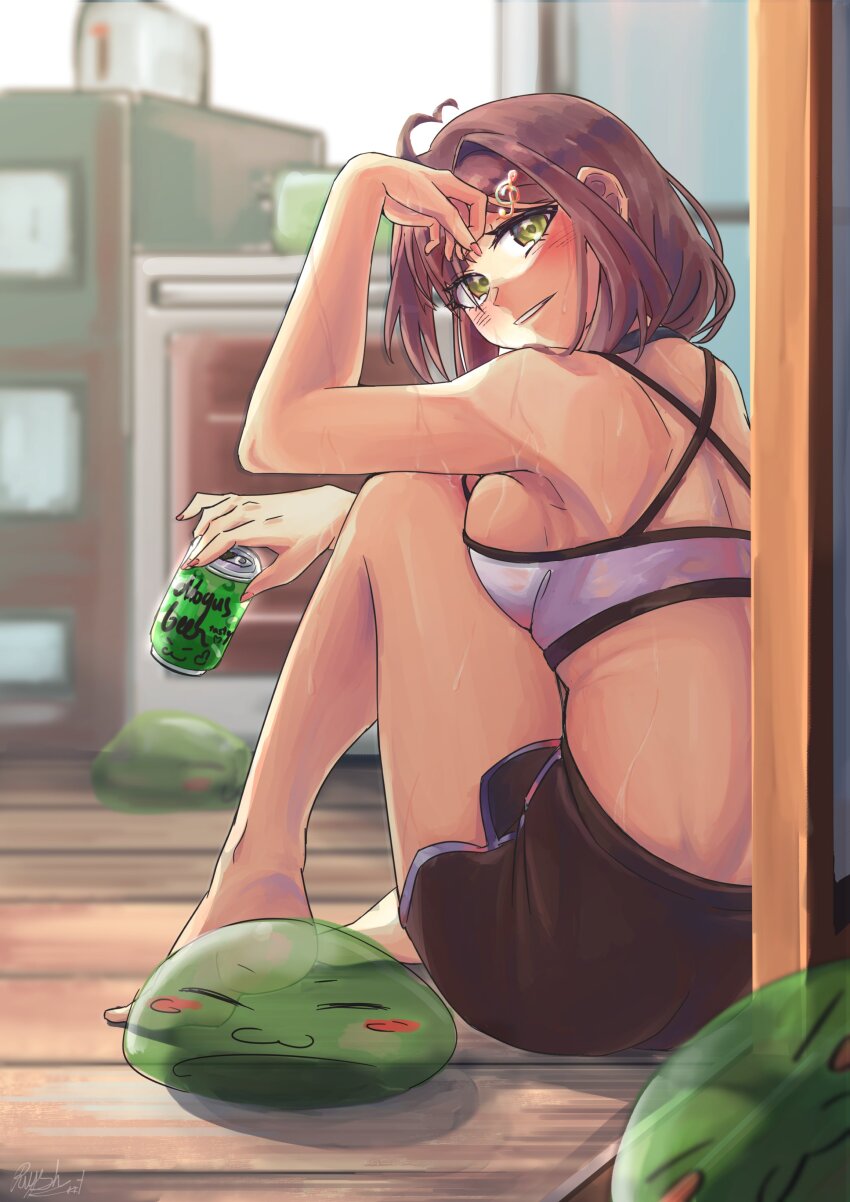 :3, absurdres, ahoge, arm_rest, beer_can, breasts, brown_hair, can
