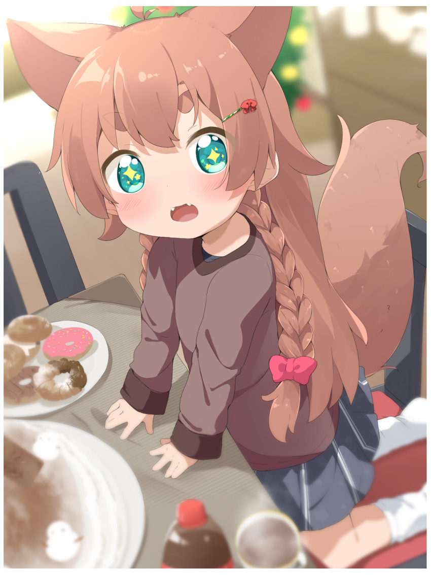 +_+, 1girl, animal_ears, blue_eyes, bow, braid, brown_hair, brown_sweater