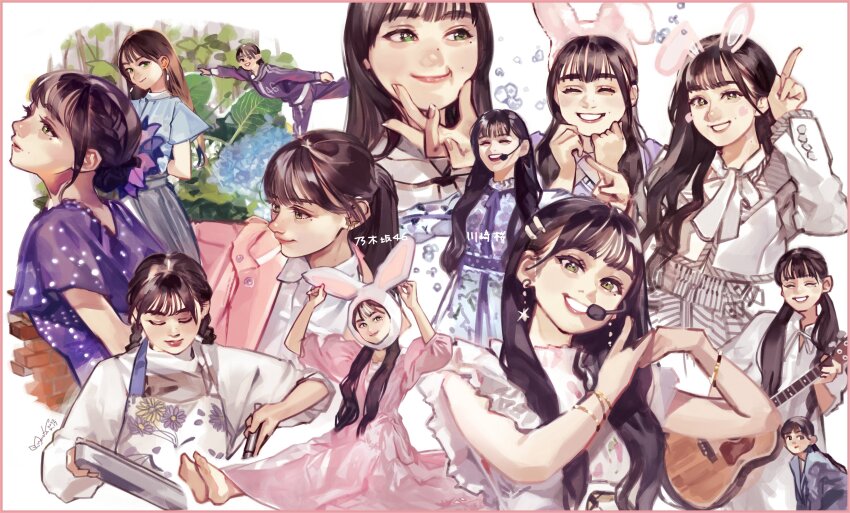 6+girls, absurdres, acoustic_guitar, aegyo_sal, animal_ears, apron, black_hair, braid