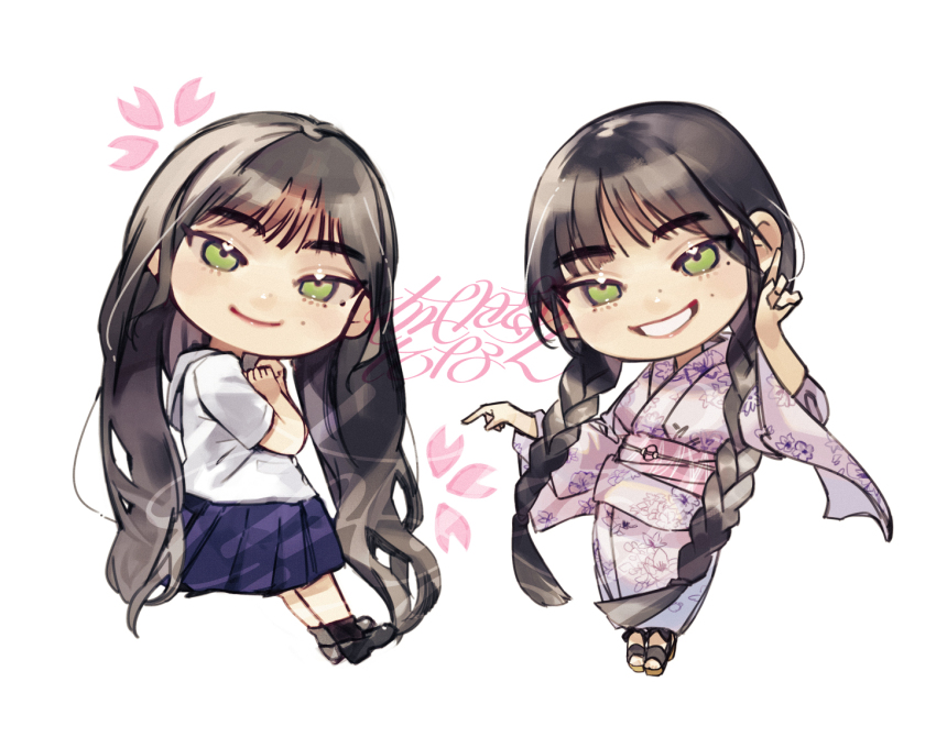 2girls, black_footwear, black_hair, blue_skirt, braid, chibi, geta, green_eyes