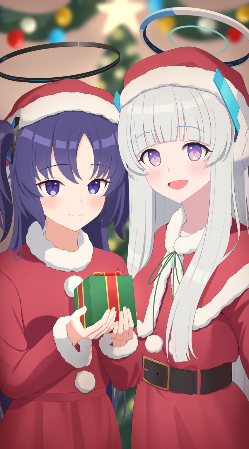 2girls, blue_archive, blue_eyes, boncha, christmas, highres, long_hair, looking_at_viewer